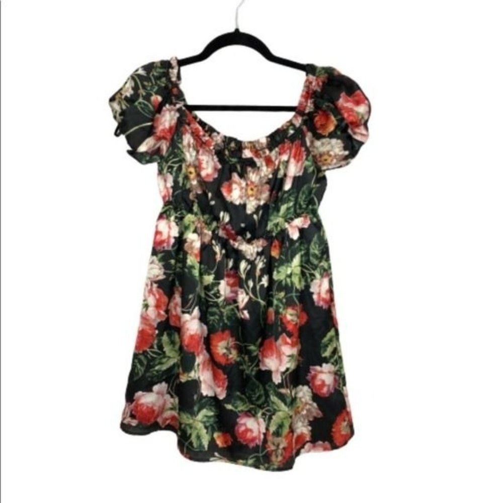 by the way. Black Floral Mini Dress with Red & Green Print